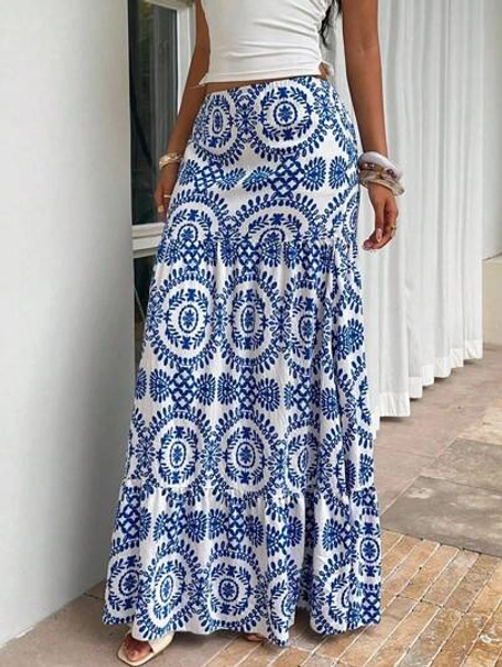 Sunnyshic Full Print Casual Loose Low Waist Skirt