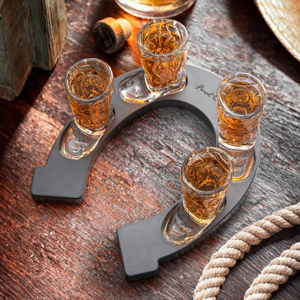Cowboy Boot Shot Glasses and Horseshoe Board Set
