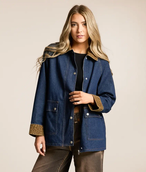 Small Dark Wash Leopard Trim Barn Denim Jacket