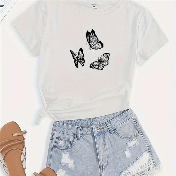 Girls, Teenagers And Students Casual Printed White Round Neck Pullover Short-Sleeved T-Shirt Summer Tops