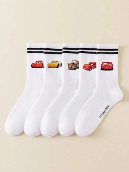 Disney 5/1 Pair Cars Cartoon Pattern Men's Mid-Calf Socks With Black & White Stripes, Cute Pattern Ladies' Socks, Odor-Resistant Moisture-Wicking Carendy Sports Crew Socks With Cartoon Patterns, Suitable For Students/Adults As Gifts And Daily Wear
