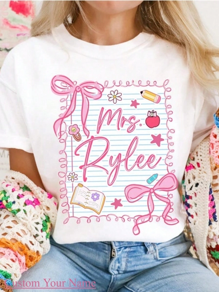 1pc Custom Coquette Teacher Shirt, Preppy Back To School Shirt, Coquette Teacher First Day Of School Shirt, Girly Pink Coquette Bow, Teacher Team Tees, Customizable T-Shirt Gift For Her Mom Daughter Teacher Nurse Game Season, 100% Cotton, S-2XL