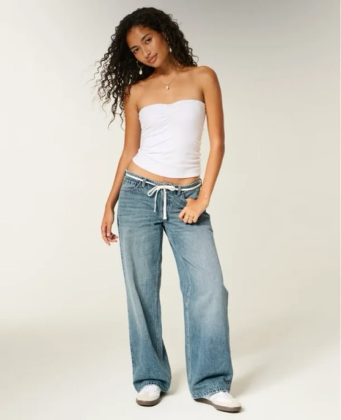 Ultra Low-Rise Medium Wash Mini Waistband Shoelace Baggy Jeans
