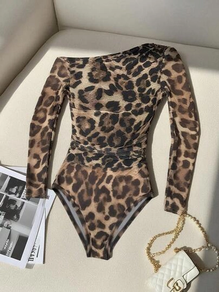 Franclia Women's Fashion Leopard Print Mesh Sheer Shoulder Long Sleeve Bodysuit Leopard Print Bodysuit Cheetah Print Bodysuit