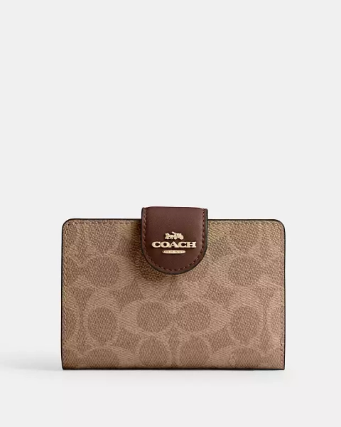 Gold/Tan/Brown Medium Corner Zip Wallet In Signature Canvas