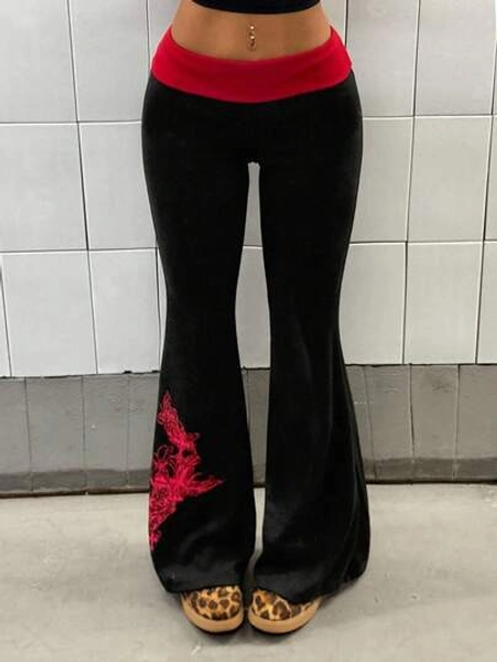 StreetHx Women's Casual Pants With Black And Red Contrast Color Print