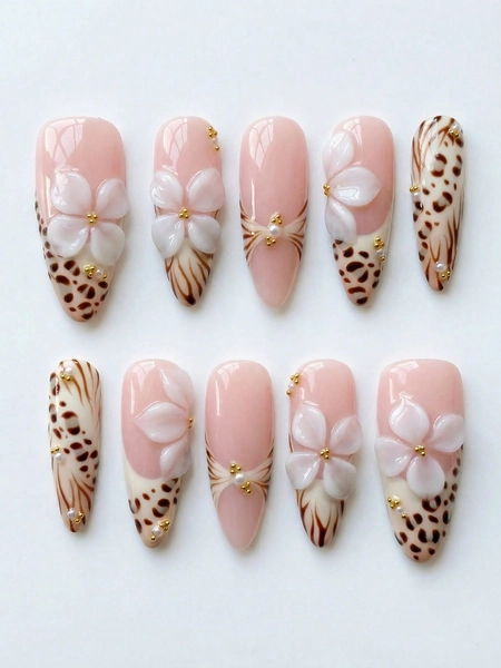10pcs Handmade Medium Almond Shaped Nail Tips, 3D White Flower Leopard Print French Tips With Nail Art Decor, Removable And Reusable Nail Supplies Set (Includes Gel Glue And Nail File) Nails