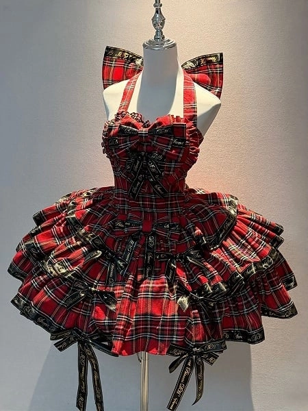 [£51.54]Red & Black Plaid Halter Neck Sweet Punk Lolita Dress with Ribbon Bows and Ruffles