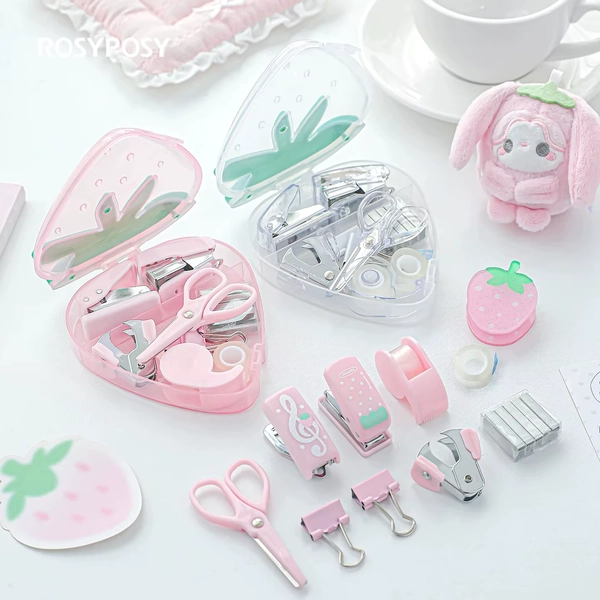 MINKYS New Arrival 9PCS/Box Stationery Cutter Stapler Scissors Tools Set With Strawberry Box Accessories