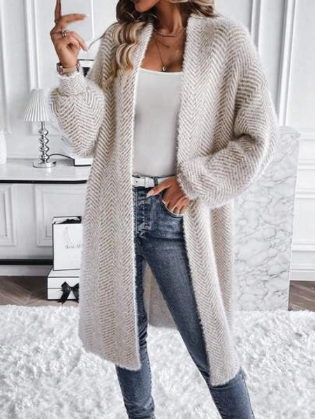 EMERY ROSE Fashionable Casual Versatile Loose Faux Fur Textured Cardigan Sweater For Women, Autumn/Winter