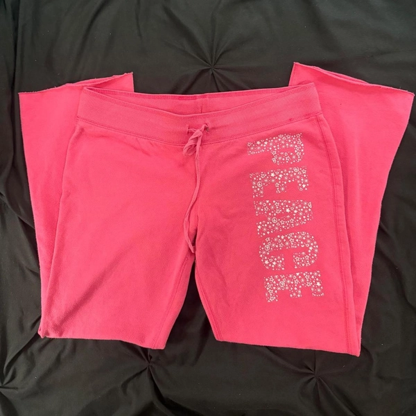 y2k pink sweatpants with 'PEACE' text, size...