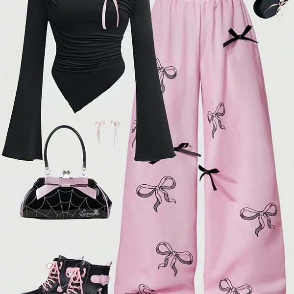 Spring/Autumn Fashion Girls' Black Off-Shoulder Pink Bow Decor Long Sleeve Top with Matching Casual Printed Pants Two-Piece Set, Perfect for Outdoor
