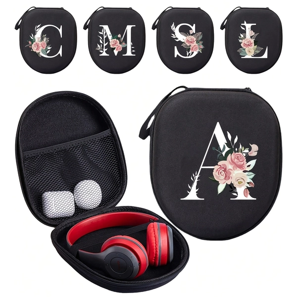 [Floral Earphone Case] Durable Polyester Floral Initial Earphone Case | Shockproof Storage Bag with Mesh Pocket for Headphones & Accessories - Perfect Gift for Tech Enthusiasts, Travel, and Daily Use
