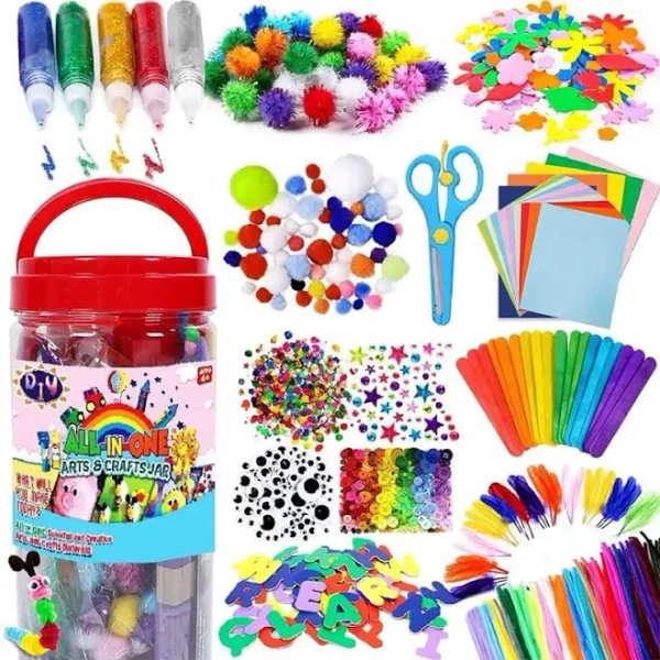 Handmade Craft Kit with Glitter Stick, DIY Art Supplies Set Including Paper Cutting Origami Felt Balls Beads Twister Rods Safety Scissors