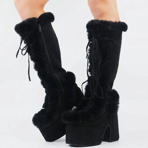 Faux Fur Chunky Block Heel Knee High Boots