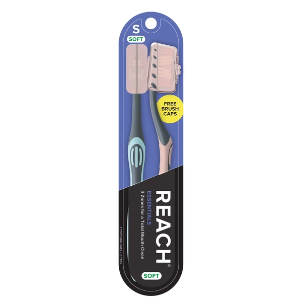 Reach Essentials Manual Toothbrush with Cap, Soft, 2 Count - Walmart.com