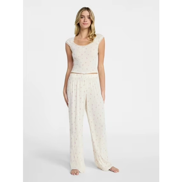 No Boundaries Sleep Pointelle Baby Tee and Pants Set, 2-Piece, Women’s XXS-3X