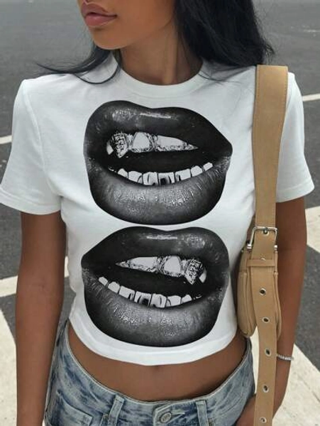 Muchica Casual Street Style Mouth Pattern White Cropped Round Neck Short Sleeve T-Shirt, Fitted For Women, Summer