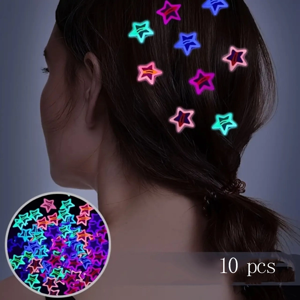 10pcs Random Color Glowing Star Candy Color Hair Clips, Glowing Hair Clips, Fashionable Multifunctional Hair Accessories, Back of Head Broken Hair Clips, Forehead Side Clips, with Decorative Design Ideal Holiday Gift, Festival Accessories, Special Occasion Clips, Glowing Accessories, Trendy Hairpins, Stylish Design, Durable Hairpins, Hair Grip Clips, Decorative Hairpins, Gift for Her, Teens Accessories