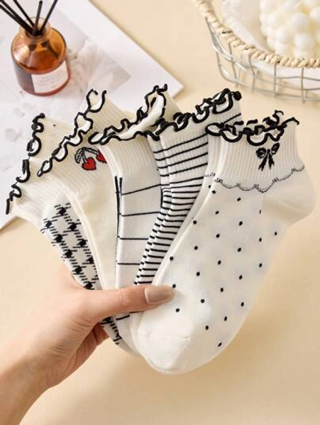 4 Pairs Black And White Women Ruffle Trim Ankle Socks With Patterns: Cherry, Bow, Stripe, Plaid, Heart, Elegant Socks Suitable For Spring And Summer