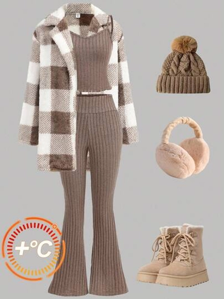 SHEIN Girlism Teen Girl Plaid Faux Fur Jacket Paired With Ribbed Knit Cami Top & Flare Pants Set, Casual Style, Winter Clothes, Fall, Y2K Outfit
