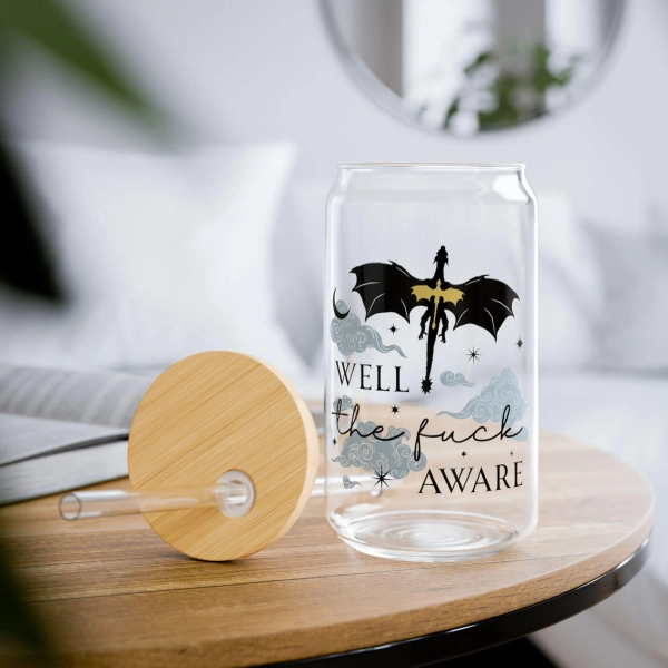 Well The F*ck Aware Glass Tumbler With Bamboo Lid & Straw: Bookish Dragon Romantasy Reader Gift