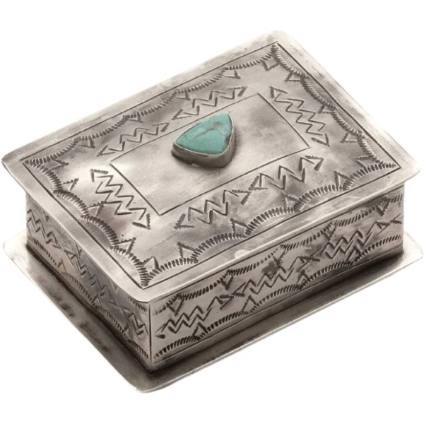 J. Alexander Rustic Silver Stamped Turquoise Stone Box