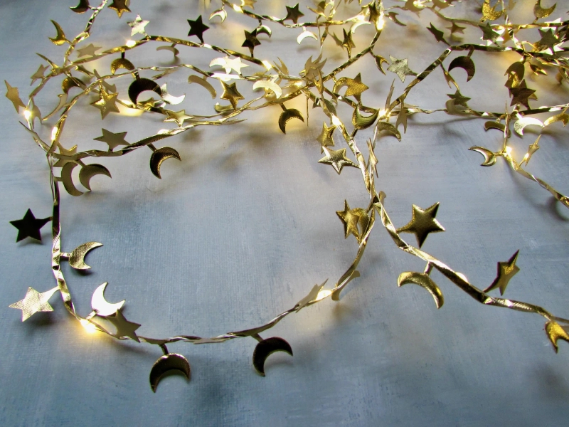 Moon & Stars Fairy lights. Gold string lights. Celestial home decor fantasy lighting. Witchy goth Christmas decor. Galactic metallic room