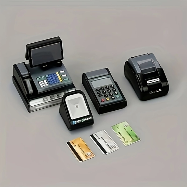 2D Flat, Mini Supermarket Cash Register and POS Machine Set of 7 - Plastic Collectible Fashionable Themed Characters, Suitable for Various Room Types - No Electricity Required - Perfect for Christmas, Halloween, Easter, Hanukkah, Thanksgiving Indoor Decoration Mini Convenience Store Collection