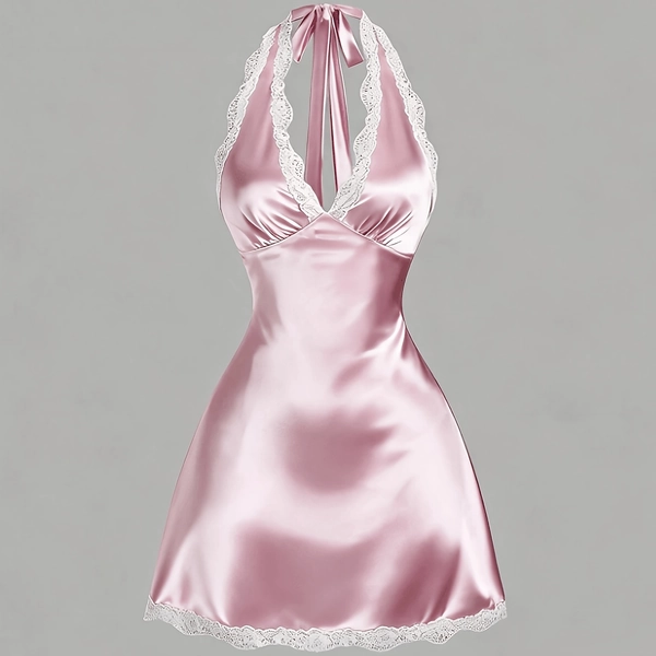 Women'S Dress Sexy Satin Contrast Lace Backless Halter Neck Sleeveless Bodycon Elegant Dress Party Clothing Women'S Clothing