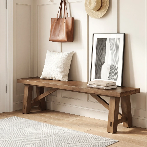 70.9 Inch Solid Wood Entryway Bench, Rustic Brown Shoe Bench - 70.87" W × 14.17" D × 17.72" H