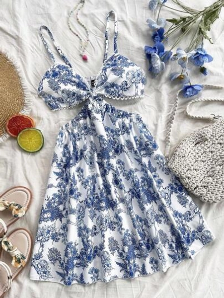 Soleia Romantic Casual Vacation Blue & White Floral Print Contrast Lace Backless V-Neck Hollow Out Waist Women Short Dress,Pastel Dresses For Women
