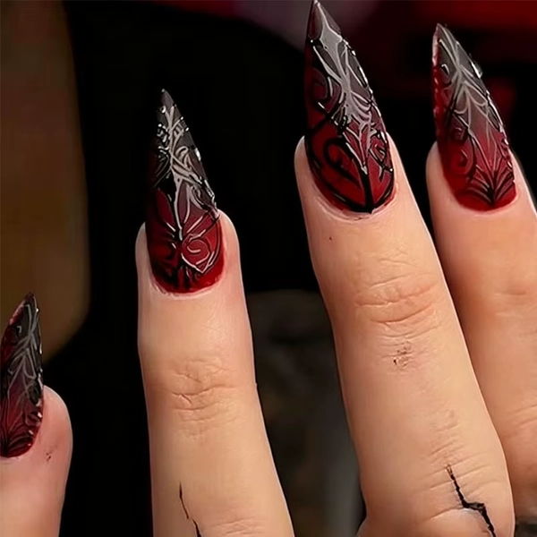 24Pcs Fake Nails Halloween-Themed Long Pointed Nails with Embossed Blood-Red Spider Web Gradient Design Press-On Nails