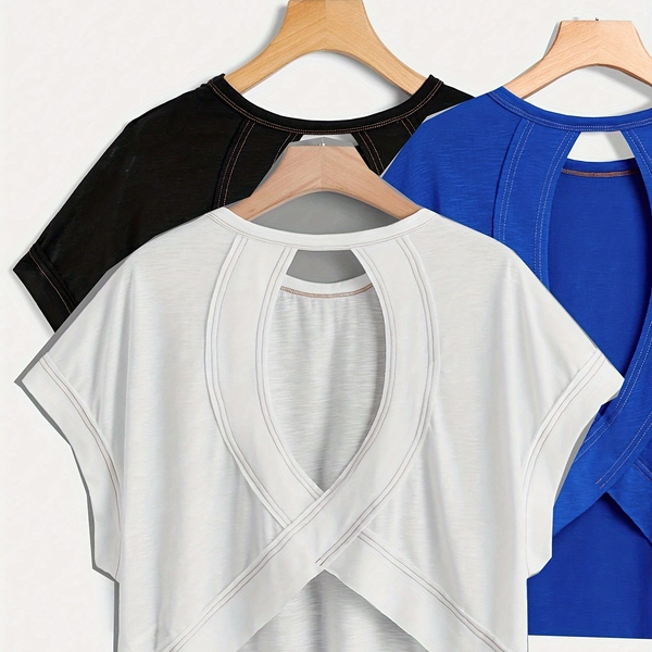 Women's Hollow-Out Back Batwing Sleeve T-Shirt, New Summer Style, Sexy and Sweet, High-End Short Sleeve Loungewear, Can Be Worn Outdoors, 3pcs Set
