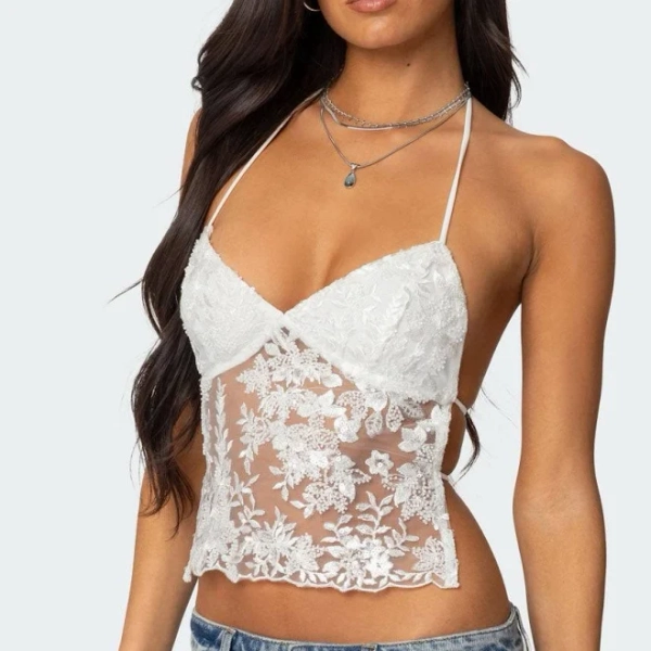 Edikted Women's NYX Backless Sheer Lace Top