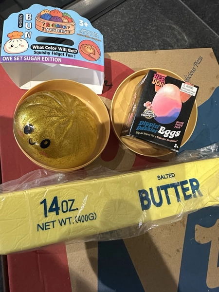 Squishy Toy Bundle – Gold Dumpling Rare + Large Butter Stick + Dazzle Egg Fidget