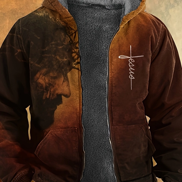 Men's Jesus Faith Crown of Thorns Hooded Jacket with Full-Length Religious Cross Print, Heavyweight Zipper Hoodie, Winter Warmth for Church Events, Prayer Meetings & Casual Wear - Durable Apparel