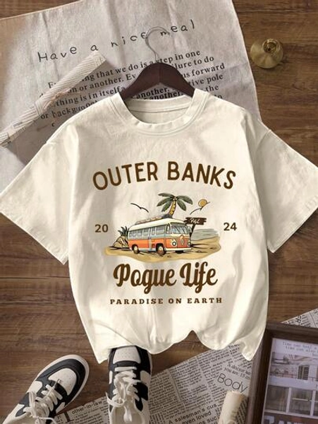 Outer Bank Graphic Print Casual Round Neck Short Sleeve Minimalist T-Shirt, Daily Casual Wear