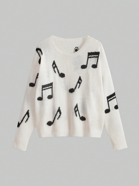 ROMWE Women's Pullover Sweater With All-Over Musical Note Intarsia Knit Pattern