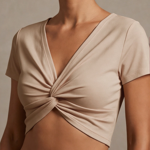 New Cool Fashion Solid Color Twisted Short Top V-Neck Short Sleeve Sexy Midriff T-Shirt