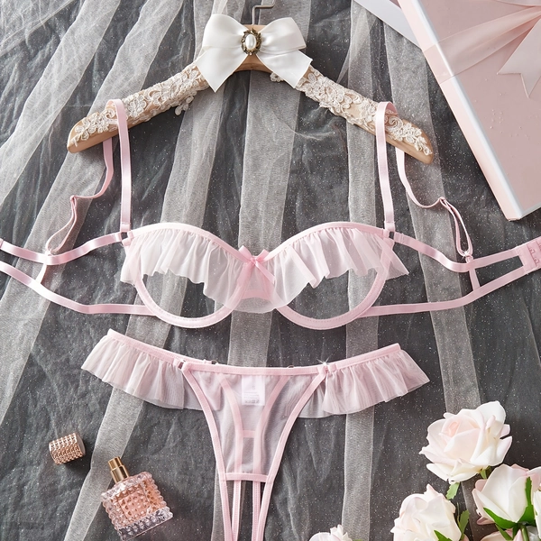 Pink Sexy Lace-Up Bow Hollow-Out Women's Lingerie Set