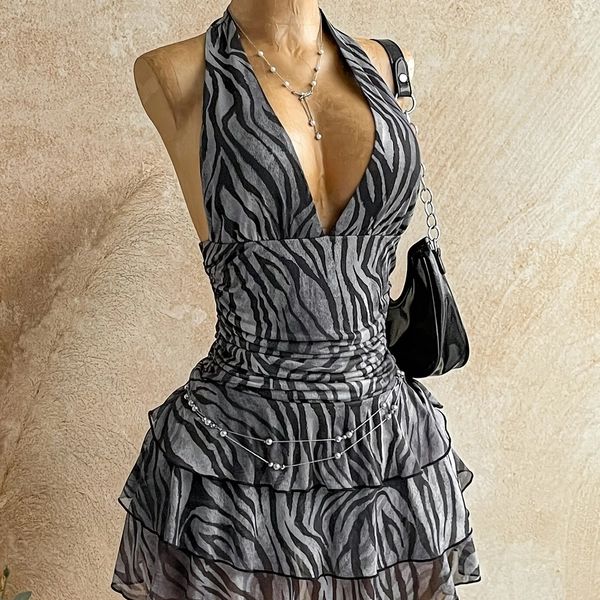 Vintage Tie-Dye Zebra Print V-Neck Tie-Up Mesh Ruffle Romantic Holiday Dress/Mini Dress for Women, Suitable for Autumn/Winter + Niannian