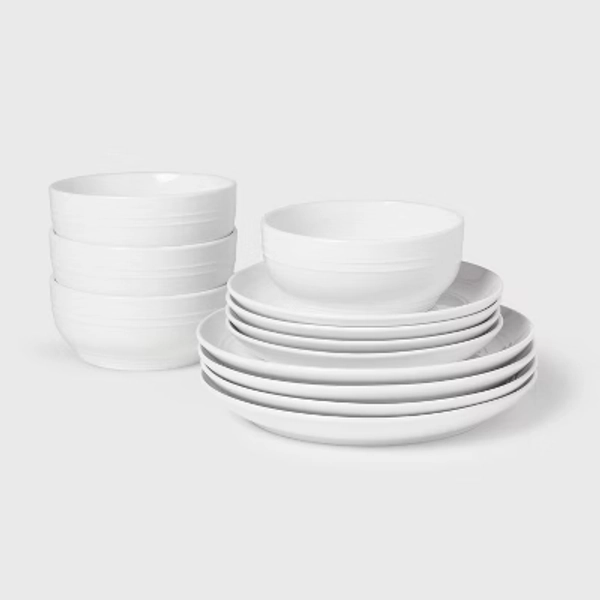 12pc Stoneware Westfield Dinnerware Set White - Threshold™: Microwave & Dishwasher Safe, Service for 4, Traditional Style