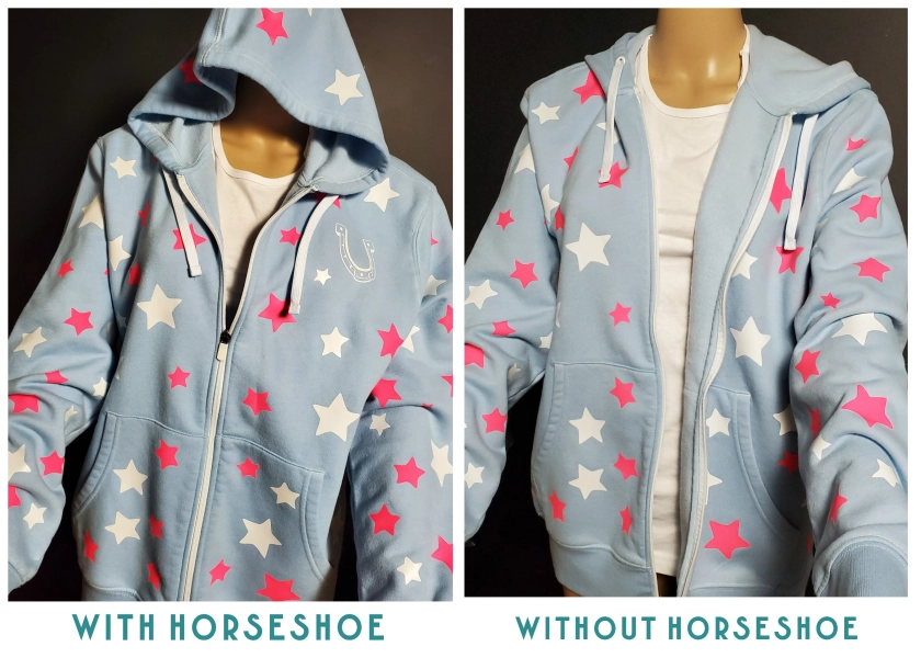 Zip Up KENTUCKY SKY, starry hoodie with horseshoe or without horseshoe. Glow in the dark and fluorescent stars. Silver zipper not white