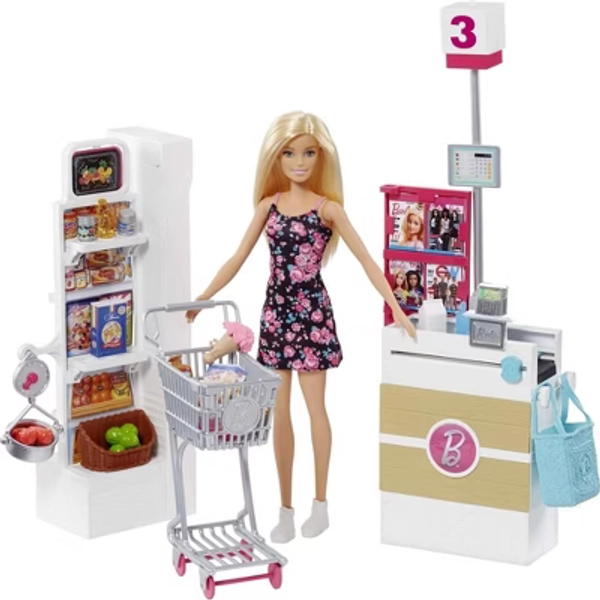 Barbie Supermarket Playset, Blonde Doll, 25 Grocery Store and Food Themed Accessories