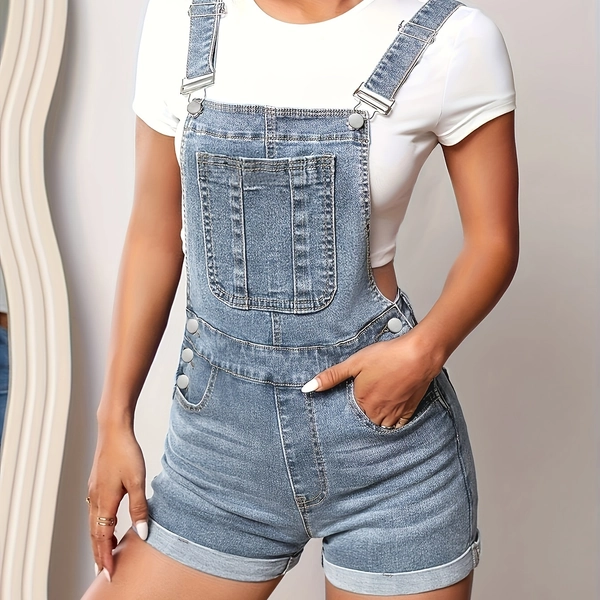 Slim One-Piece Denim Shorts with Bib Pocket for Women, Available for Cross-Border Trade Between Europe And The United States