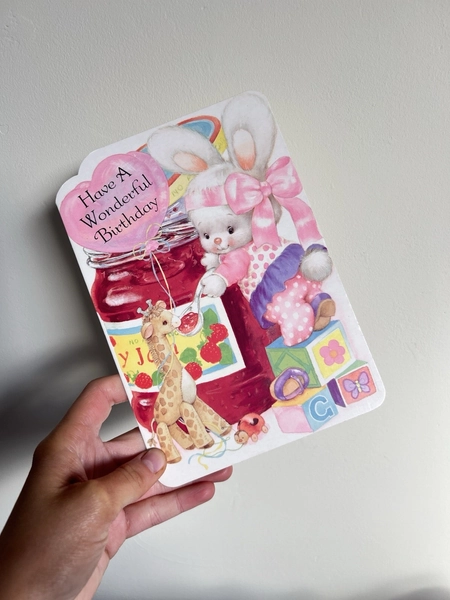 Cute 1980s Vintage Baby Girls Birthday Card With Bunny And A Giraffe