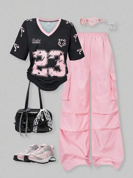 SHEIN 2pcs Tween Girls American Style Patchwork Short Sleeve Graphic Tee And Cargo Pants Outfit Set