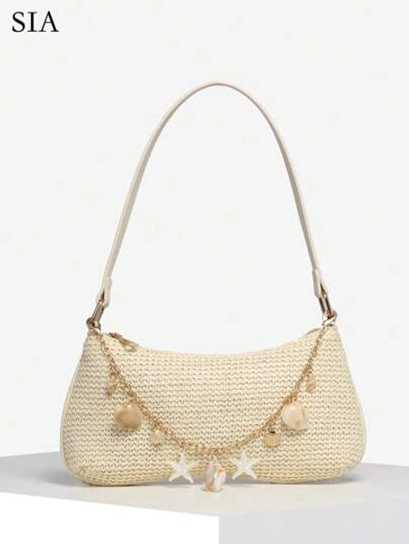 1pc Women's Vintage Resort Ocean Creature Faux Pearl Cherry Faux Fur Tail Woven Crossbody Bag, Suitable For Dates, Outings, Vacations