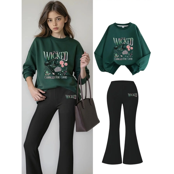 2pcs Girls' WICKED Musical-Inspired Outfit Set - Glittery Lettering & Iconic Song Titles Print Hoodie & Bell-Bottom Pants, Casual Sporty Playwear for Themed Parties, Casual Attire & Holiday Gifts (Spring/Fall) - Comfortable & Stylish for Musical The